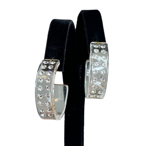 Vintage 90s Y2K Clear Acrylic Rhinestone Pierced Hoop Earrings - Picture 3 of 5